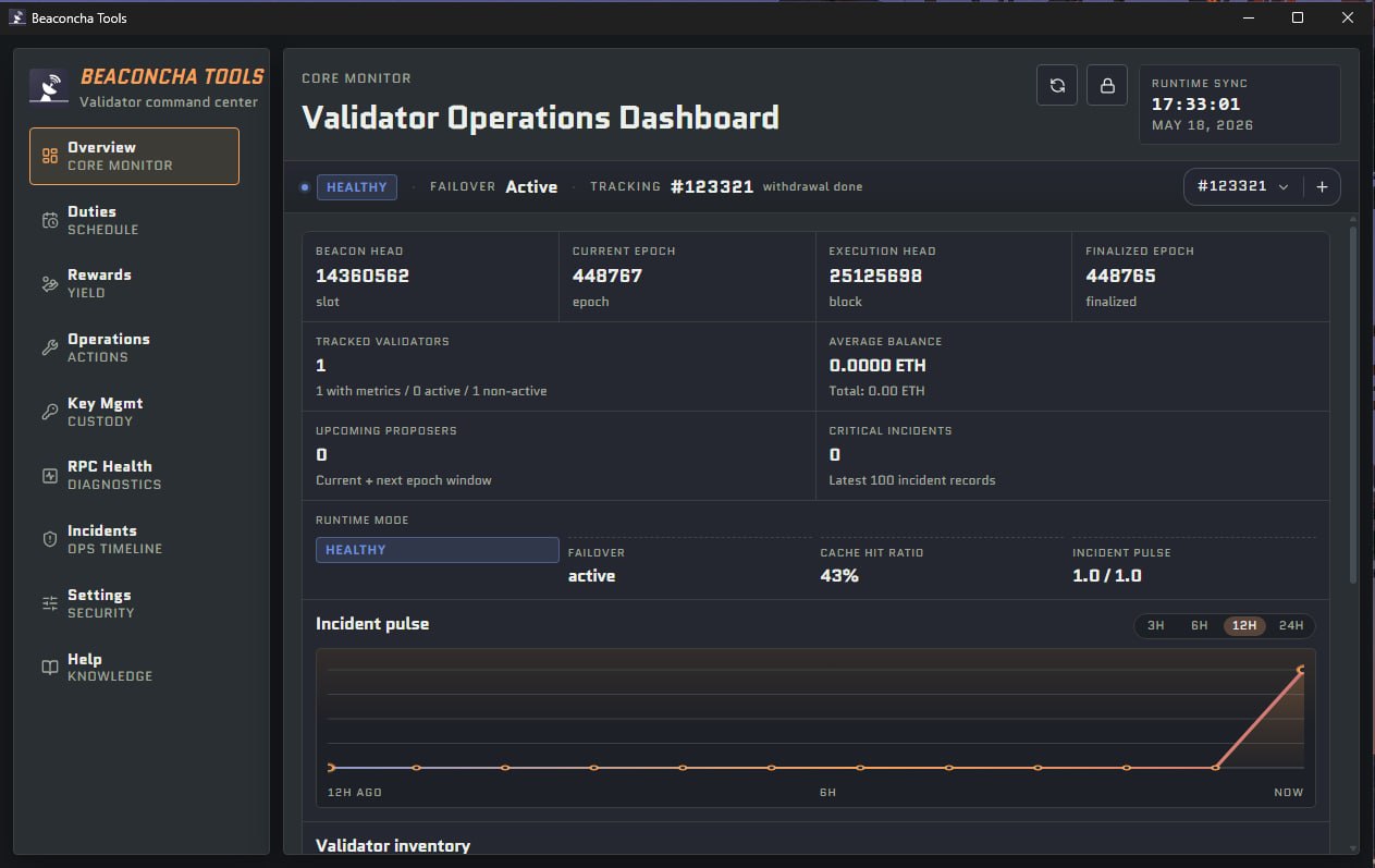 Beaconcha Tools overview dashboard showing validator groups, BeaconScore, performance signals and alerts